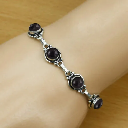 Vista 12 de Round Shape Natural & Synthetic Gemstones Silver Plated Bracelets for Women - Vintage Bohemian Style Handmade Birthstone Adjustable Link Bracelet