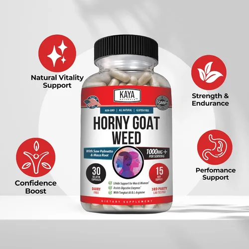 Vista 4 de Kaya Naturals Horny Goat Weed para hombres y mujeres, complejo de 1560 mg con maca, palma enana americana, ginseng, suplemento de vitamina