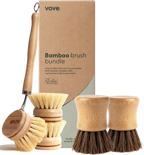 Vista 9 de Vove Cepillo de bambú para platos con 3 cabezales de repuesto, cepillo de cocina sin plástico para ollas, sartenes y platos, mango de bambú