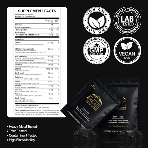 Vista 9 de DLNIA Gomitas de Shilajit con Ashwagandha, Musgo de Mar, Cúrcuma - Shilajit del Himalaya Orgánico, Sin Azúcar y Apto para Veganos para Hombres