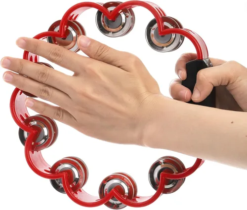 Vista 5 de Okllen Paquete de 4 panderetas de percusión de mano de doble fila, jingles de metal, campanas de pandereta, instrumento musical para adultos