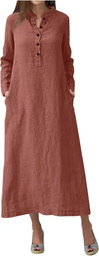 Vista 9 de Maxi vestido largo liso para mujer, de algodón caftán, manga larga, vestido de gran