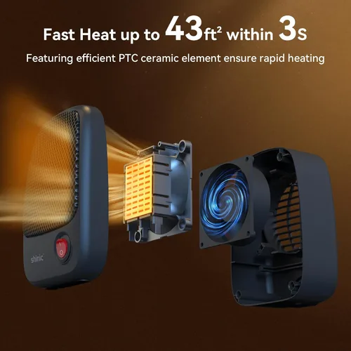 Vista 3 de shinic Calentador de espacio pequeño con protección contra sobrecalentamiento, mini calentador de cerámica PTC de 500 W, calentamiento rápido
