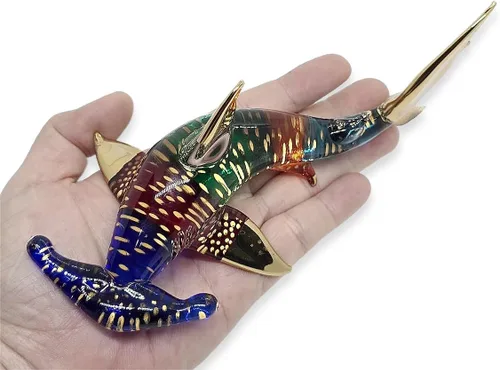 Vista 13 de Pequeña figura de tiburón blanco punteado azul dorado de 6.5 pulgadas, tiburones de vidrio soplado a mano, vida marina, peces marinos, animales