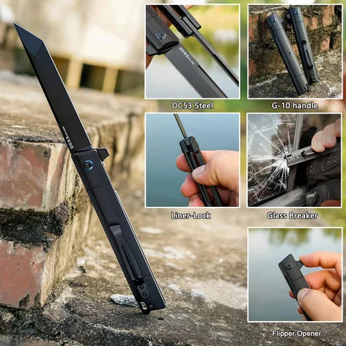 Vista 4 de Cuchillo plegable de bolsillo FORESAIL, hoja de acero DC53 y mango G10. Con clip de bolsillo y rompecristales, cuchillo de bolsillo para hombres