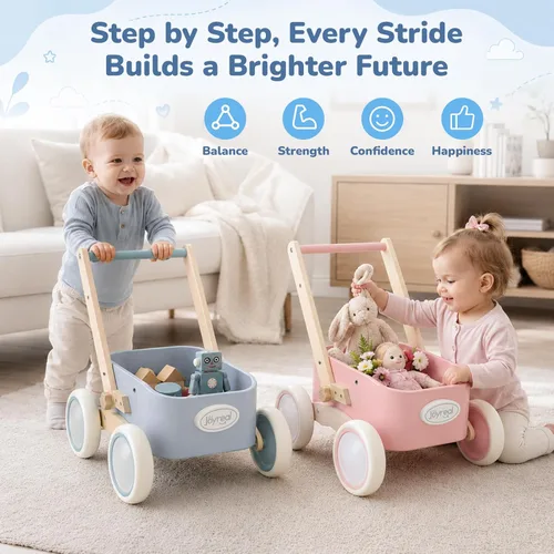 Vista 6 de Joyreal Andador de madera para bebés y vagón para niños pequeños 2 en 1 Azul