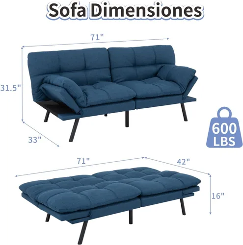 Vista 2 de MUUEGM Sofá cama futón de espuma viscoelástica, moderno sofá de oficina de tela azul, sofá convertible para espacios pequeños, apartamento, oficina