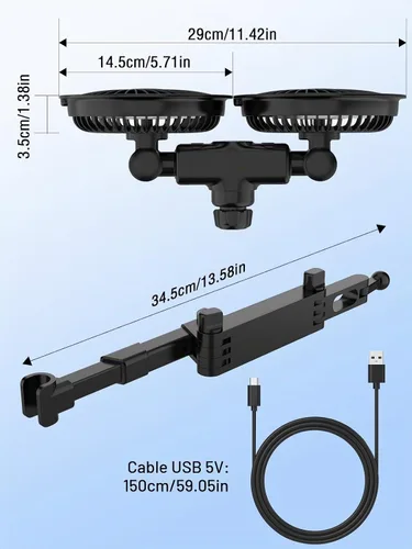 Vista 8 de Ventiladores de coche para asiento trasero, batería de 3600 mAh y Negro