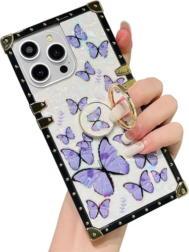 Vista 75 de Funda Rectangular de Lujo Femenina Compatible con iPhone 16 Pro Max Diseñada con Soporte de Anillo de Diamante con Función de Atril