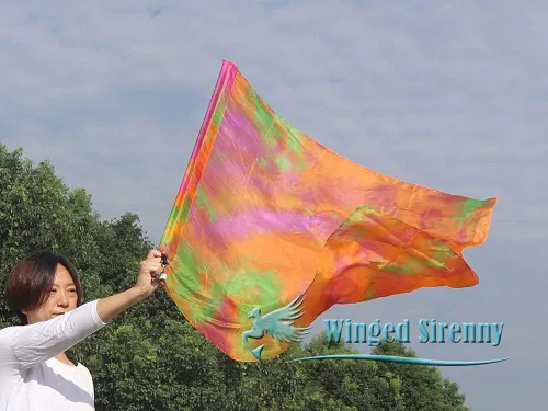 Vista 8 de Winged Sirenny Bandera de seda Poi con una varilla dura, 40 pulgadas rectangular giratoria de seda fluida para iglesia, adoración profética