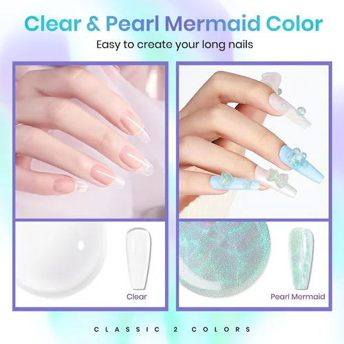Vista 2 de MIZHSE Gel constructor sólido para uñas, 2 unidades de 1 onza de perlas de sirena y gel duro transparente con formas de uñas, molde 3D, remojado, U