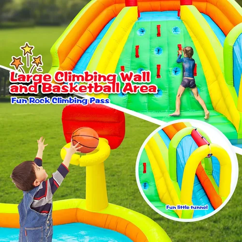 Vista 4 de WELLFUNTIME Parque Inflable de Toboganes de Agua Doble, Casa de Rebote con Pistola de Agua de Arco, Castillo Hinchable con Soplador de Aire