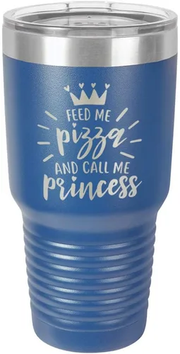 Vista 12 de Vaso grabado con pajita y tapa superior deslizante de acero inoxidable para viaje con texto en inglés "FEED ME PIZZA AND CALL ME PRINCESS