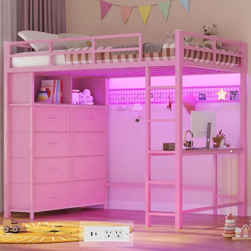 Vista 16 de ADORNEVE Cama tipo loft de tamaño matrimonial con escritorio y 8 cajones de Gris