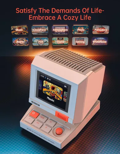 Vista 5 de Divoom MiniToo Retro Altavoz de Computadora de Estilo PC, Pantalla de Pixeles Inteligente con Caras Personalizadas, Bluetooth y Audio USB, Reloj