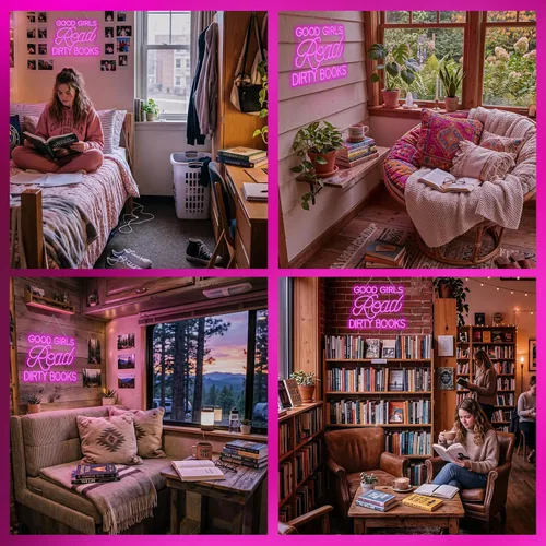 Vista 7 de Letrero LED de neón para decoración de pared, con texto en inglés "Good Girls Read Dirty Books", luz de neón regulable para el hogar, libro, fiesta