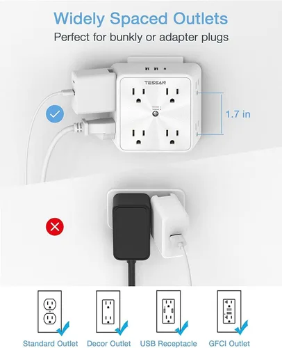 Vista 5 de Protector de sobretensiones Extensor de 8 salidas, TESSAN Divisor de múltiples enchufes con 3 cargadores de pared USB (1 USB C), tira