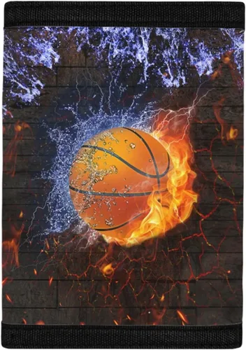 Vista 3 de Cartera de lona con estampado de moda para adolescentes, niños y niñas, billetera delgada RFID triple para viajes y escuela, Basketball