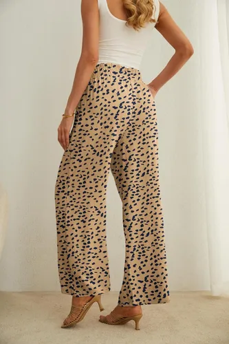 Vista 5 de IWOLLENCE Pantalones de pierna ancha para mujer con bolsillos, cintura alta, nudo ajustable, holgados, casuales, para trabajo y negocios