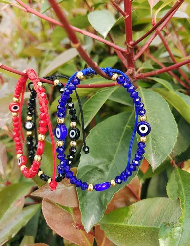 Vista 6 de Pulseras de cuentas de mal de ojo para mujer, pulsera de protección azul y rojo con amuleto, pulseras de hilo ajustable de buena suerte