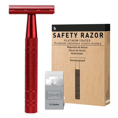 Vista 23 de Maquinilla de afeitar de seguridad azul, navajas de una sola hoja para hombres Reusable Metal Razor, with 10 Platinum Coated Double Edge Blades