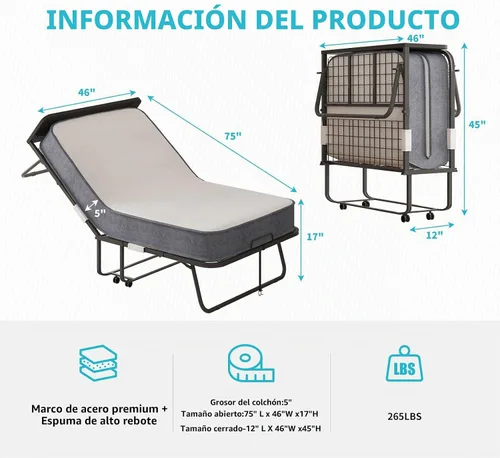 Vista 3 de Cama plegable CECER de 75 x 46 pulgadas con colchón de espuma viscoelástica
