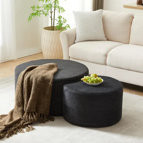 Vista 20 de Juego de 2 mesas de centro redondas negras de 55.12 pulgadas, mesa lateral moderna para sala de estar, diseño contemporáneo de círculo de madera