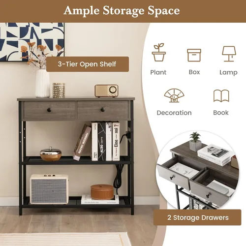 Vista 11 de GIANTEX - Mesa consola industrial con tomacorrientes, mesa de entrada estrecha de 3 niveles Long Sofa Table w/ USB Ports, 2 Storage Drawers, Entry