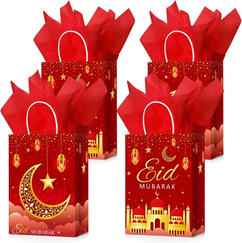 Vista 8 de Censen 16 juegos de bolsas de regalo de Eid Mubarak con papel de seda, bolsas de golosinas de Ramadán para suministros de fiesta de Ramadán (negro)