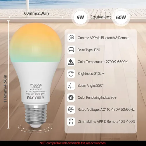 Vista 2 de ORALUCE Bombillas LED de control remoto equivalente a 60 W, bombillas regulables de 2700-6500 K, base E26, bombilla inteligente Bluetooth A19