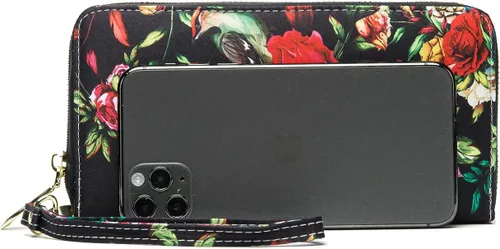 Vista 25 de Cartera de mano para mujer, estilo bohemio, con RFID, elegante, espaciosa con correa para viajes, capacidad para tarjetas, teléfono, dinero