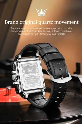Vista 5 de OLEVS Relojes cuadrados para hombre, cronógrafo de cuero marrón, reloj de negocios de moda, luminoso, impermeable, relojes de pulsera casuales