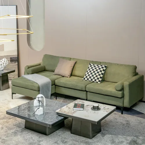 Vista 2 de OUDINI Sofá modular en forma de L, sofá reversible en forma de L, sofá modular de lino, con diván reversible y 2 puertos USB del ejército para sala