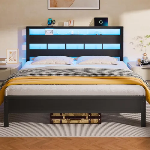 Vista 10 de Furnulem Marco de cama individual con estación de carga y luces LED, roble Soporte de listones de metal resistente, cabecera de almacenamiento