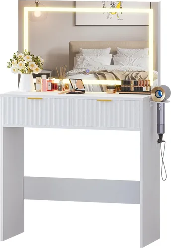 Vista 8 de Escritorio estriado con espejo y luces, tocador de maquillaje con 2 cajones, 3 modos de iluminación de brillo ajustable, tocador para dormitorio