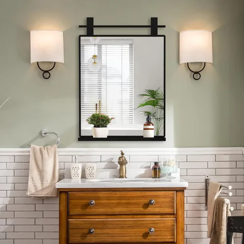 Vista 8 de ANYHI Espejos de baño para pared, espejo de pared de metal con estante, perfecto para sala de estar, dormitorio, entrada, rectangular, vertical Negro