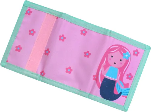 Vista 4 de Carteras infantiles para niñas y niños, billetera de lona triple plegable para exteriores con adhesivo mágico para niños, Sirena