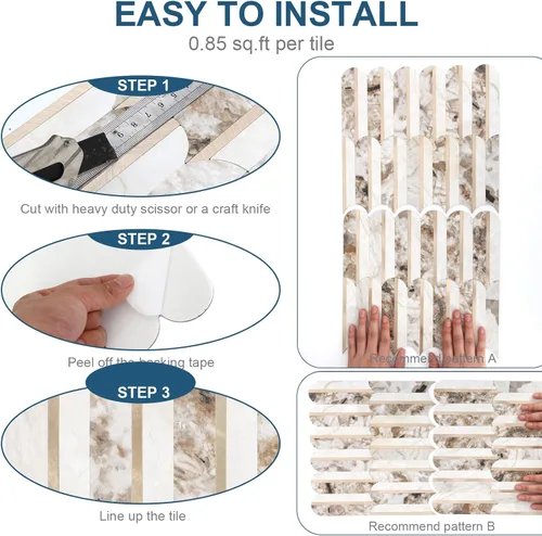 Vista 8 de 10 hojas de escamas de pescado para despegar y pegar para azulejos de pared de cocina, 12 pulgadas, mármol marrón, mezcla de metal dorado, azulejos