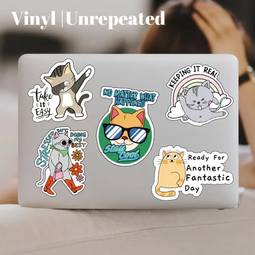 Vista 2 de Calcomanías divertidas con refranes de gato, decoración inspiradora de vinilo impermeable, lindas calcomanías para laptop, teléfono, guitarra