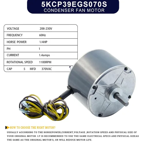 Vista 2 de Motor de ventilador de condensador 5KCP39EGS070S de 1/4 HP, 1100 RPM, 48 marcos, 208-230V repuesto compatible con GE3905, 5KCP39EGY823S, HC39GE237