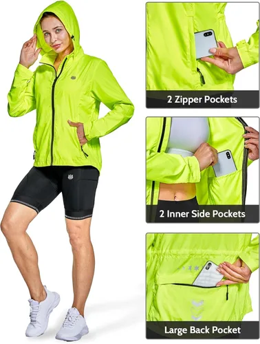 Vista 3 de FitsT4 Sports Chaquetas de ciclismo para mujer, ligeras, cortavientos, reflectantes, con capucha