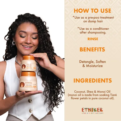 Vista 8 de ETNIKER - Mascarilla para el cabello rizado, ondulado y afro (2A-4C) - Tratamiento hidratante sin sulfatos con aceite de coco, manteca de karité