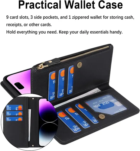 Vista 4 de SailorTech Funda para iPhone 15 Pro con cartera, diseño para iPhone 15 Pro, tarjetero con cremallera y ranura para efectivo, funda de cuero