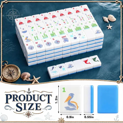 Vista 2 de Juego de azulejos Mahjong azul americano grabado con temática