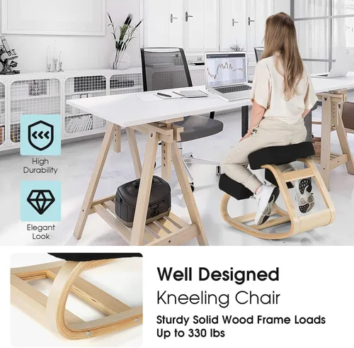 Vista 3 de Giantex Silla arrodillada, silla de postura de madera, carga máxima de 330 libras, mecedora con cojín suave, alivio natural para dolor de espalda
