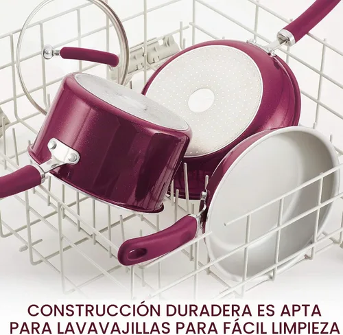Vista 4 de Rachael Ray Create Delicious - Juego de ollas y sartenes antiadherentes, 13 piezas, color burdeos brillante borgoña (burgundy shimmer)