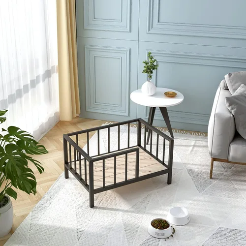 Vista 6 de OSCHF Cama para perros con rieles, marco de cama elevado de metal para mascotas con tablero de madera maciza y tapete suave lavable para perros