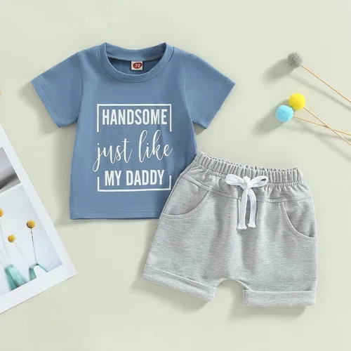 Vista 2 de Sprifallbaby Traje de verano para bebés recién nacidos, camiseta de manga corta con cuello redondo y pantalones cortos de cintura elástica, 2 piezas