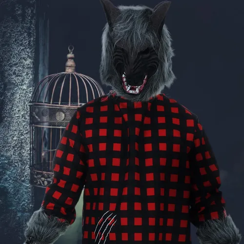 Vista 4 de Jeyiour Paquete de 6 disfraces de hombre lobo de Halloween con parte superior a cuadros rojos, capucha y guantes para colmillos para fiesta