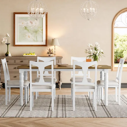 Vista 135 de Juego de mesa de comedor vintage de 6 piezas, juego de mesa de comedor de cocina de madera maciza con 4 sillas ergonómicas acolchadas y banco, mesa